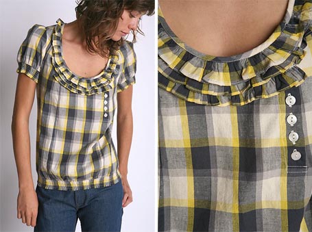 Kimchi Blue Plaid Ruffle Neck Blouse